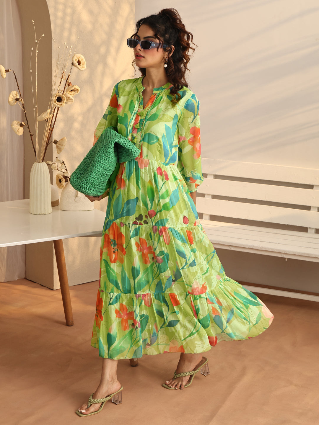  Green Printed Chiffon Fit And Flare One Piece Dress 