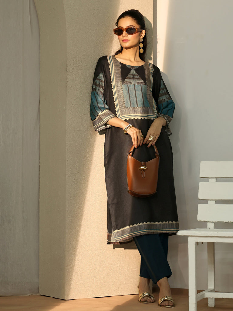 Libas Black Geometric Printed Cotton Blend Straight Kurta