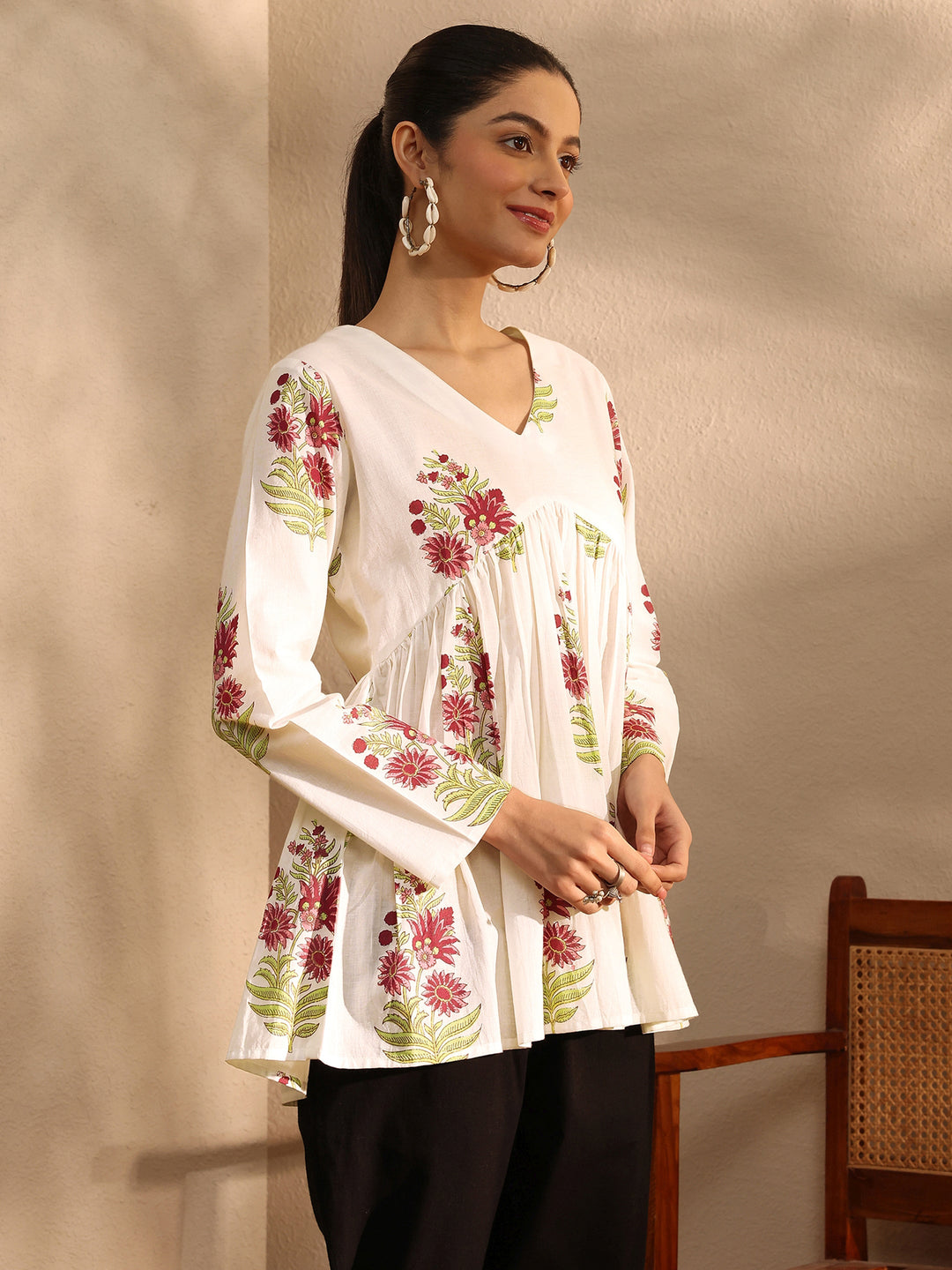  White Printed Cotton Blend A-Line Short Kurti 