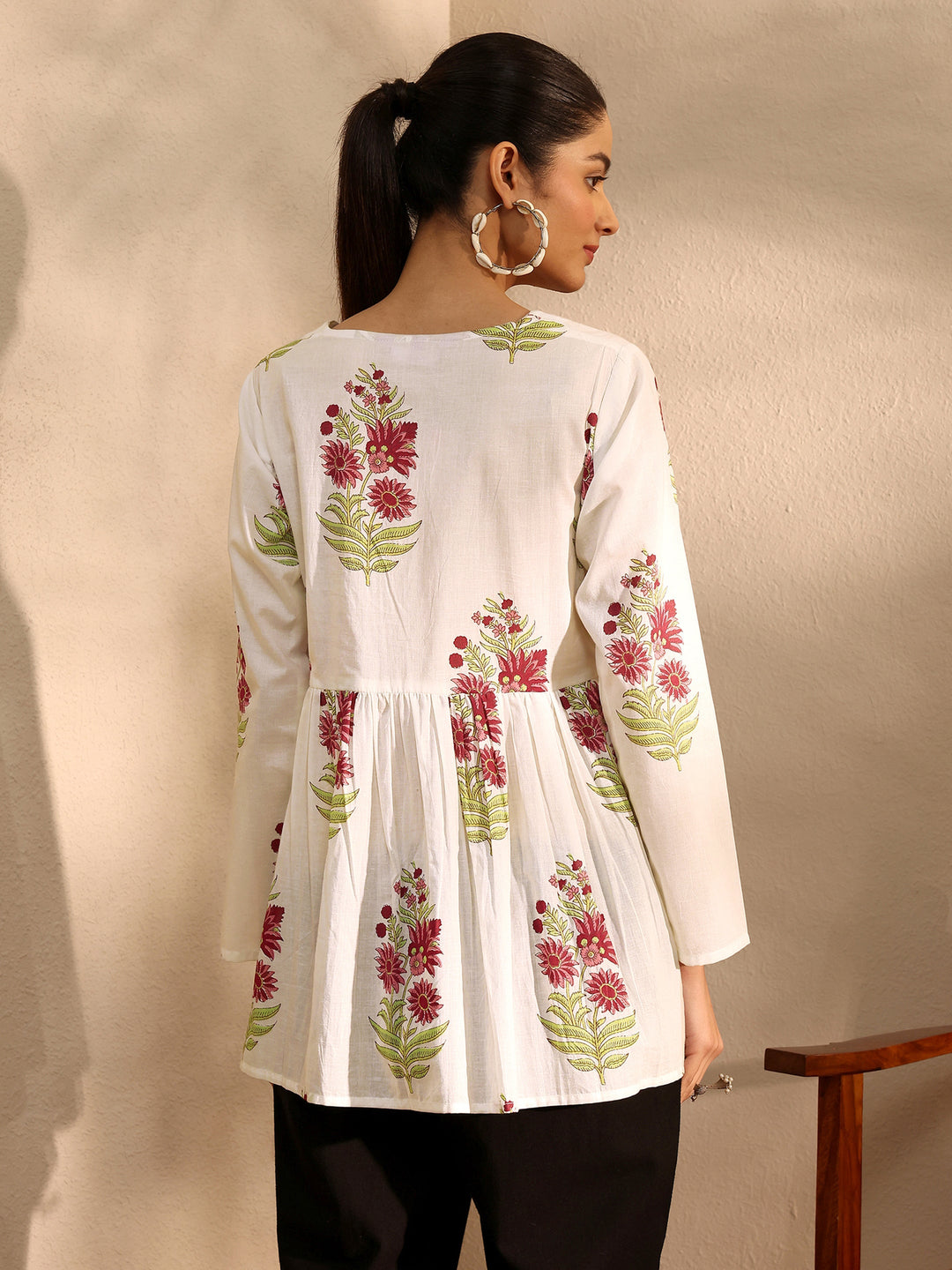  White Printed Cotton Blend A-Line Short Kurti 