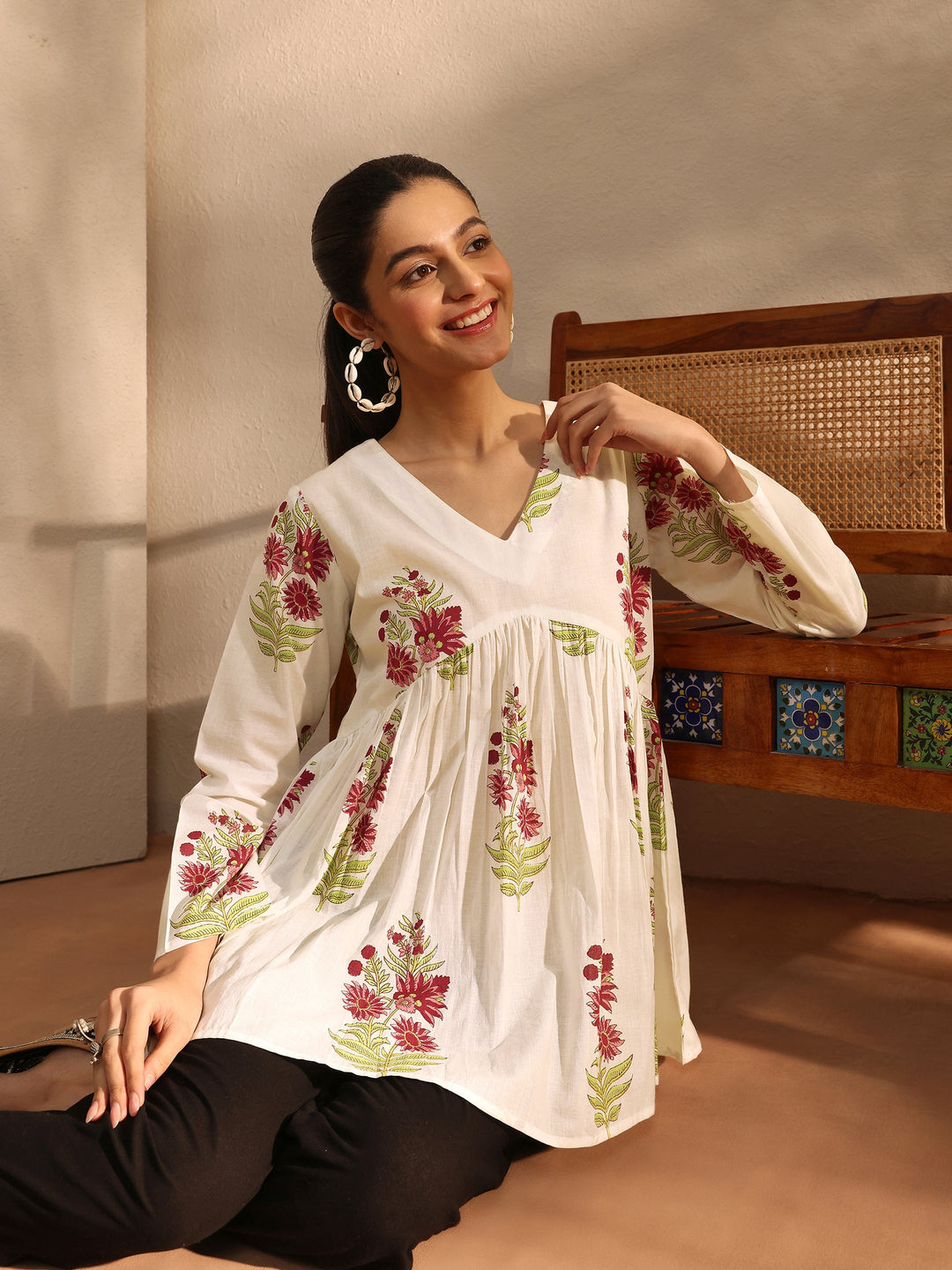  White Printed Cotton Blend A-Line Short Kurti 