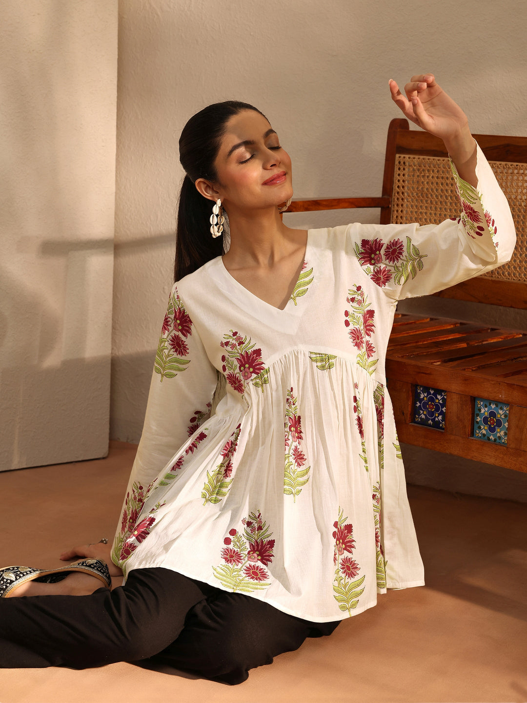  White Printed Cotton Blend A-Line Short Kurti 