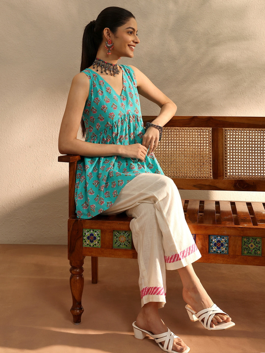  Turquoise blue Printed Cotton Blend A-Line Short Kurti 
