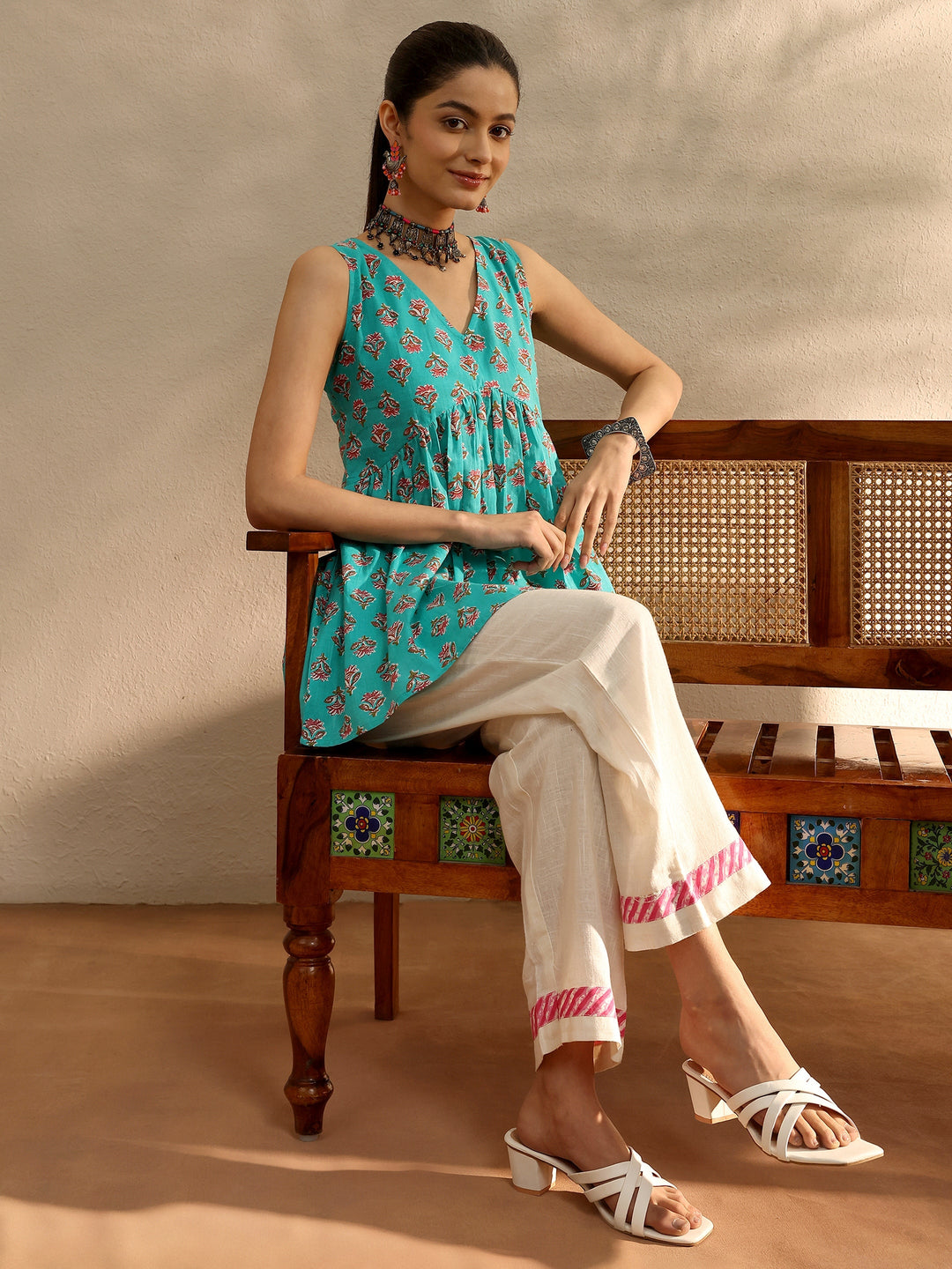  Turquoise blue Printed Cotton Blend A-Line Short Kurti 