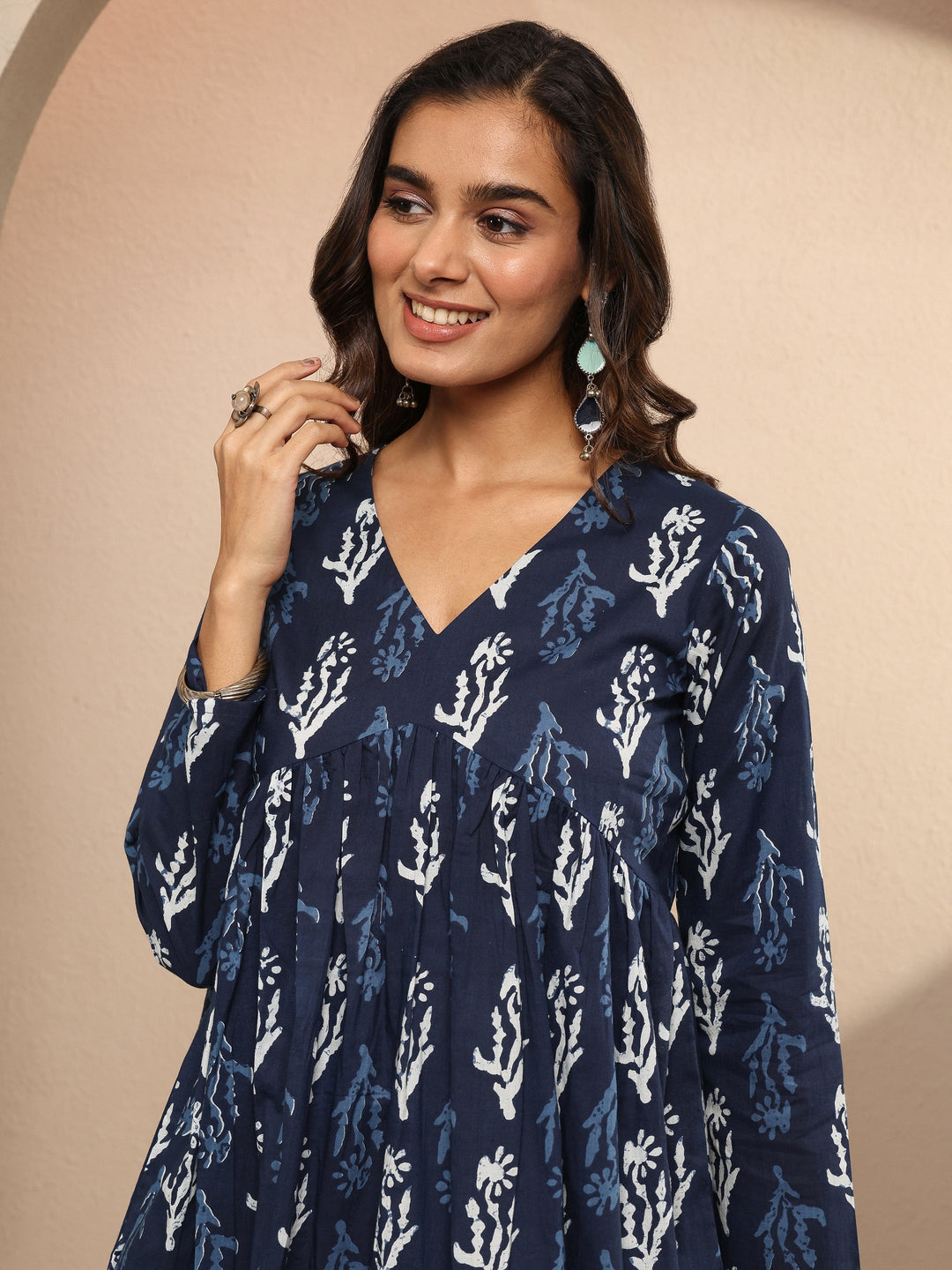  Blue Abstract Printed Cotton A-Line Short Kurti 