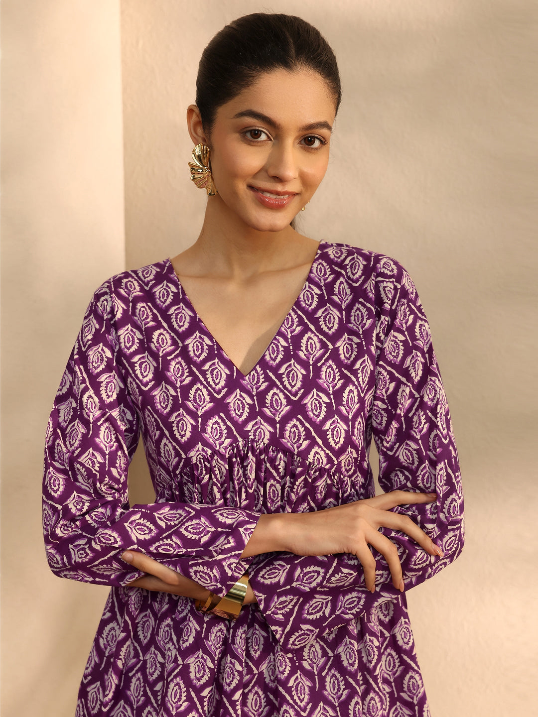  Burgundy Printed Cotton Blend A-Line Short Kurti 