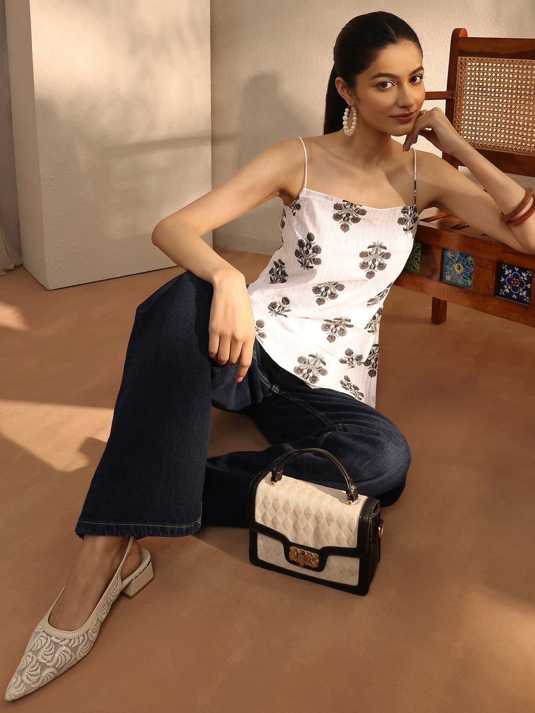  White Printed Cotton Blend Straight Short Kurti 