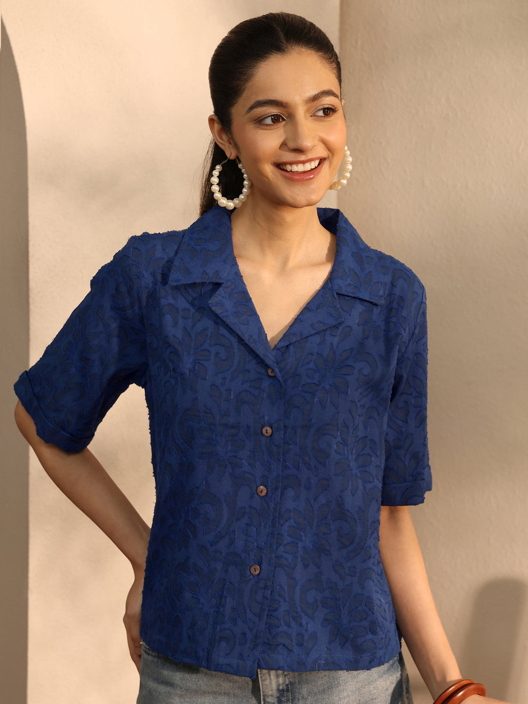  Blue Self Design Cotton Straight Shirt 