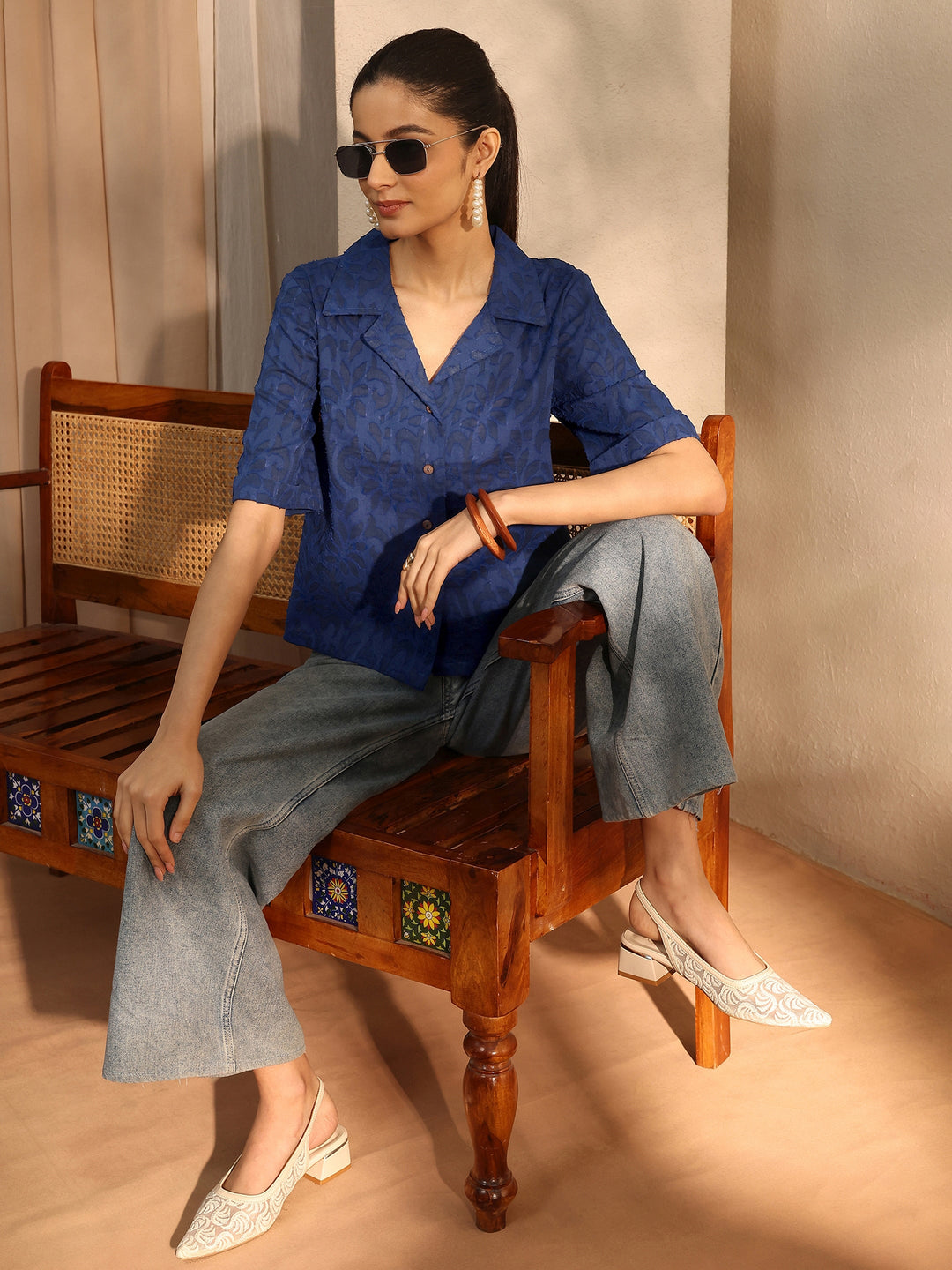  Blue Self Design Cotton Straight Shirt 