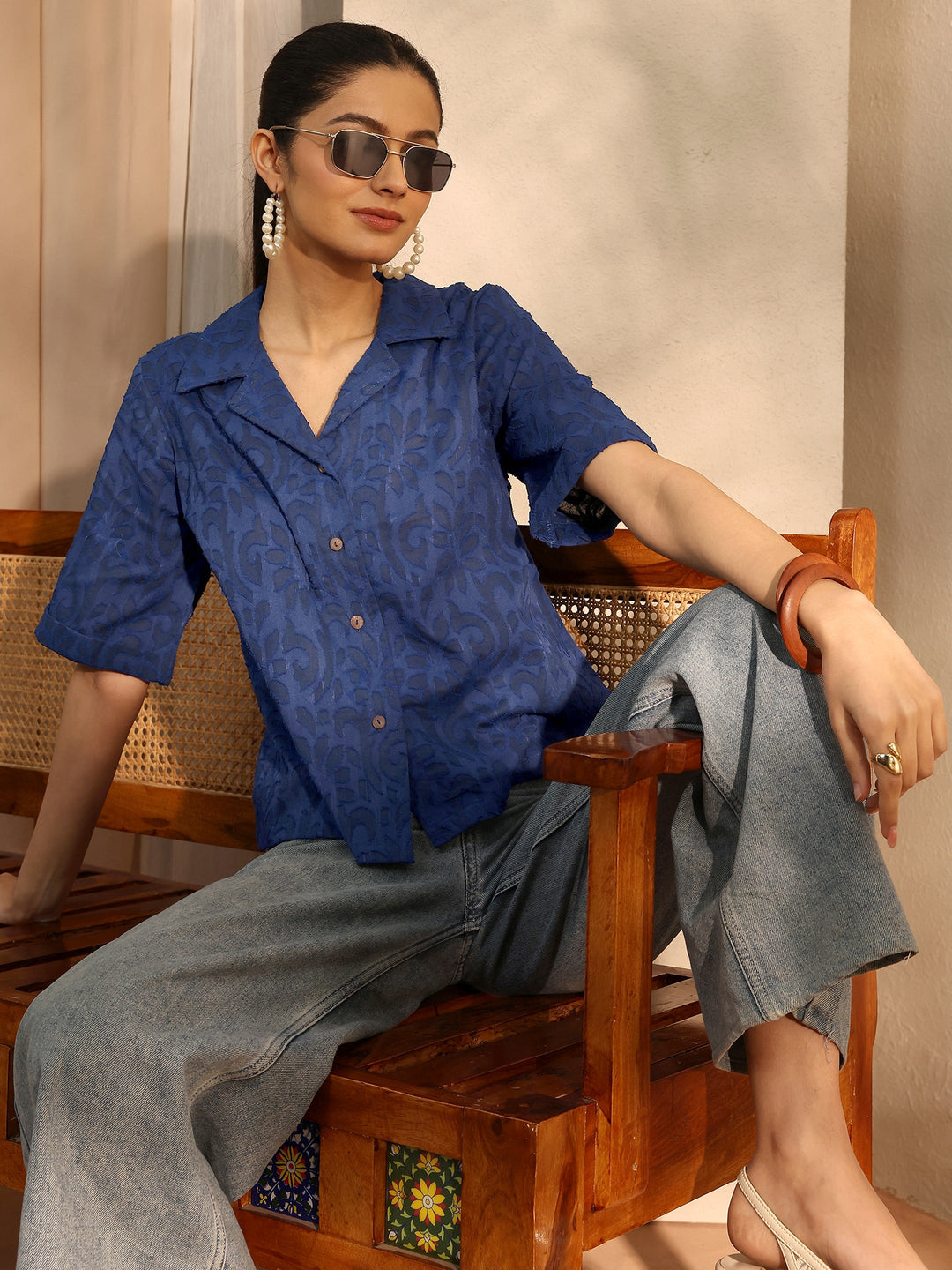  Blue Self Design Cotton Straight Shirt 