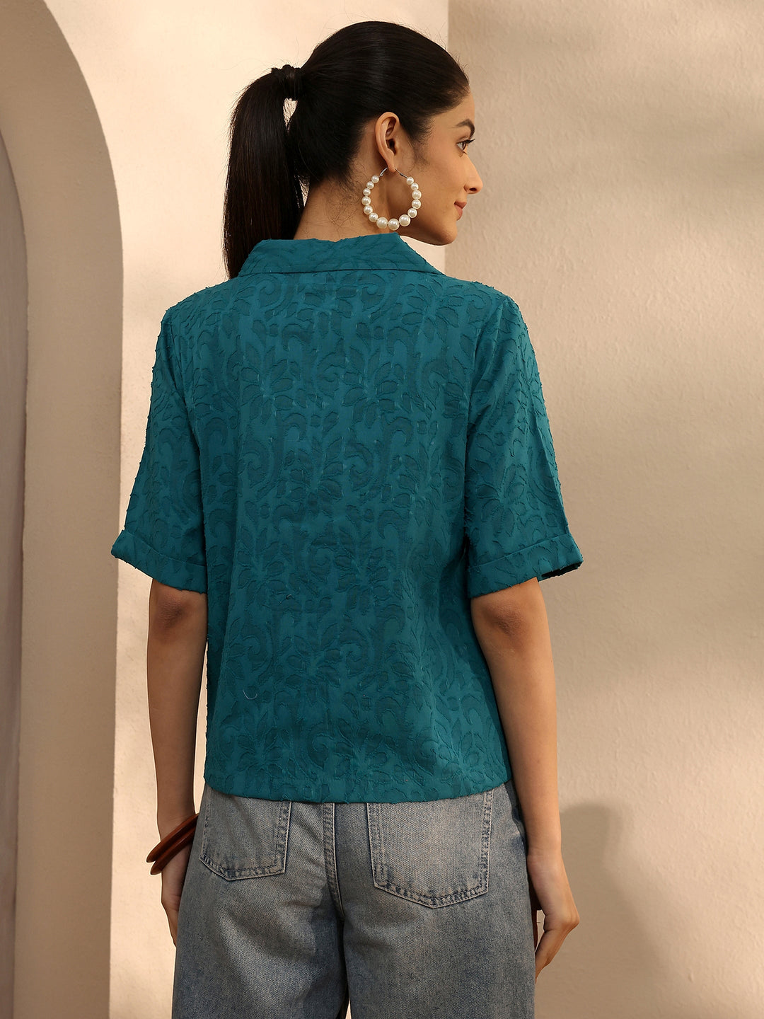  Teal Self Design Cotton Straight Shirt 