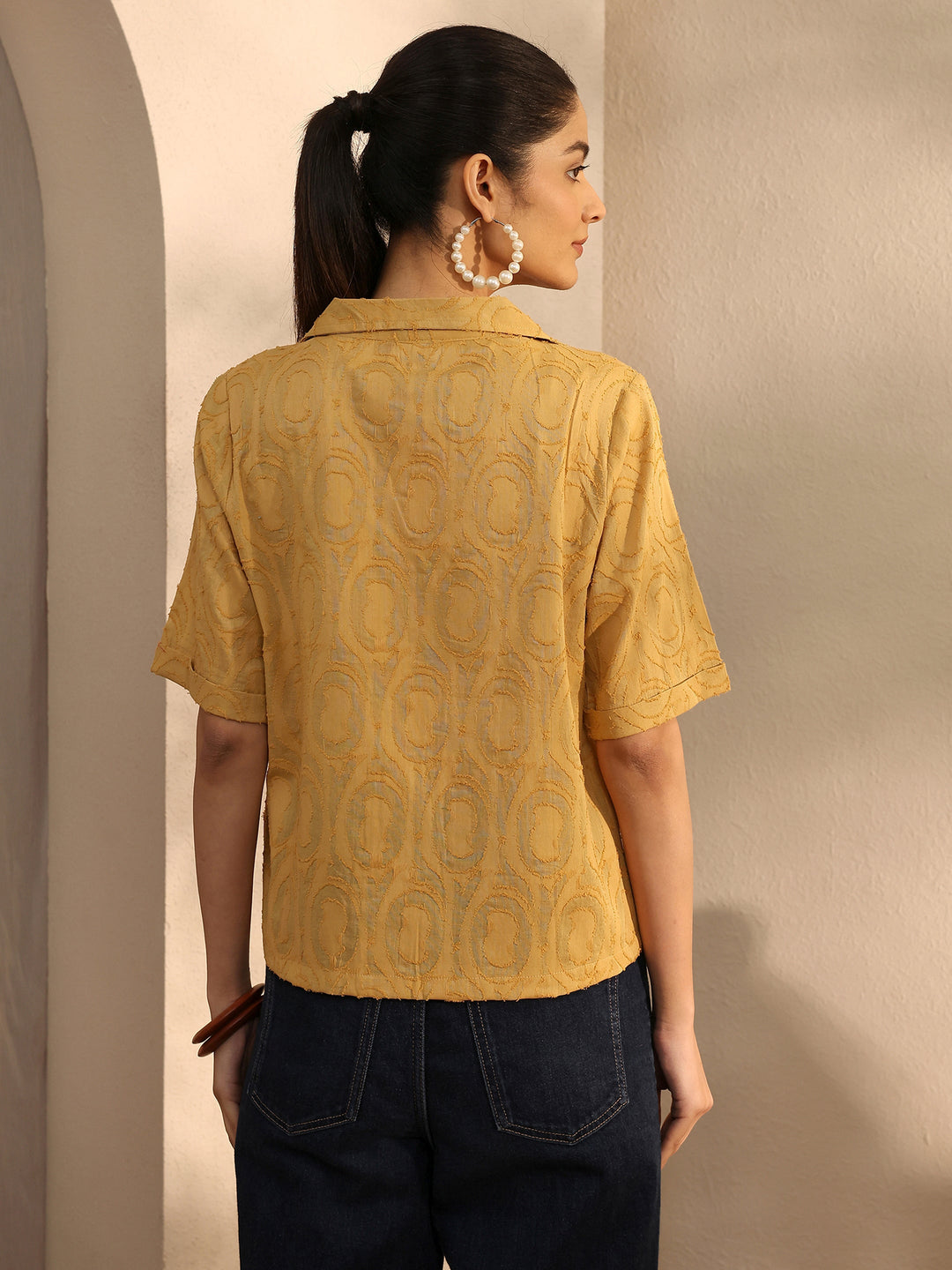 Mustard Self Design Cotton Straight Shirt 