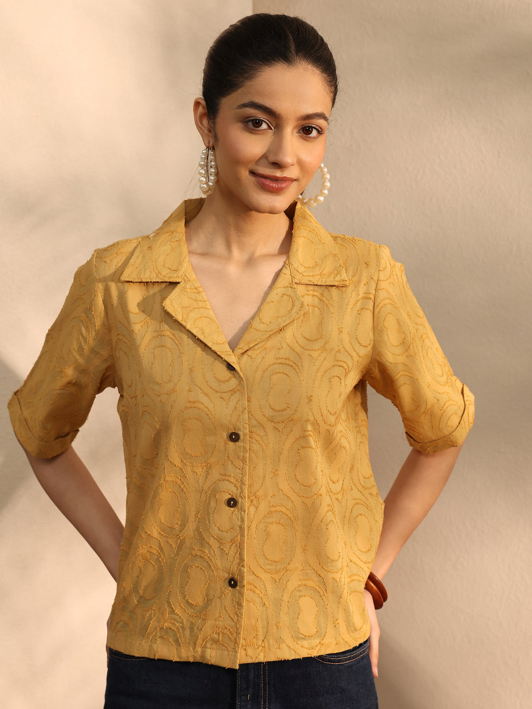  Mustard Self Design Cotton Straight Shirt 