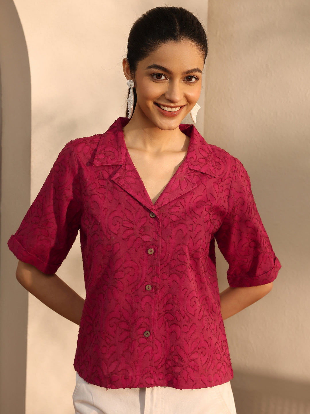  Maroon Self Design Cotton Straight Shirt 