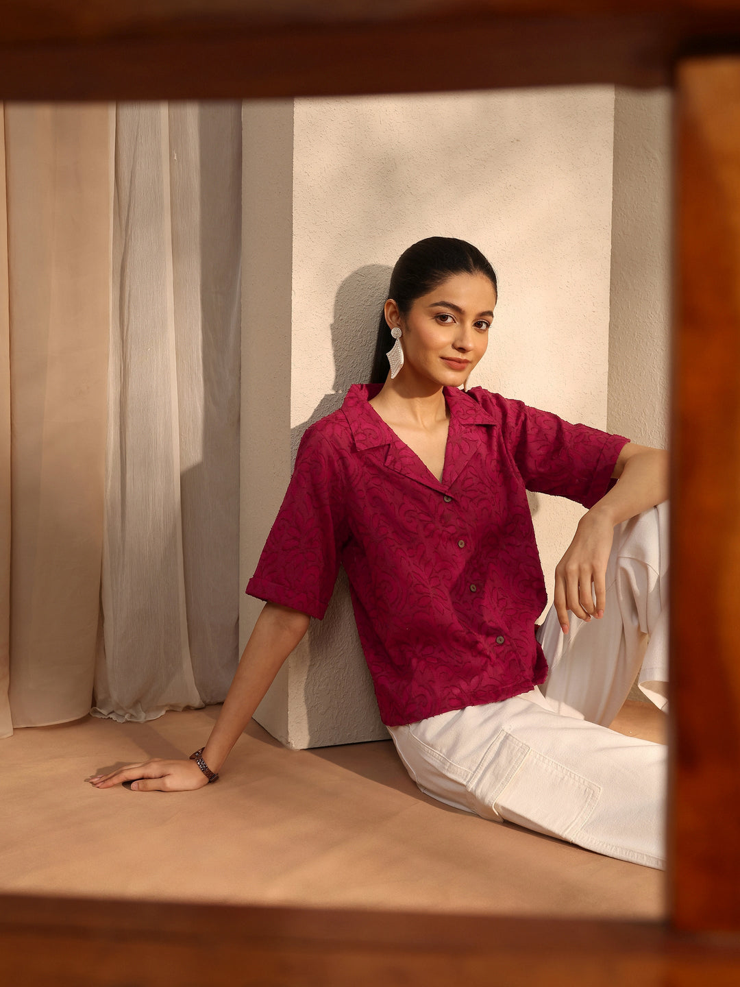  Maroon Self Design Cotton Straight Shirt 