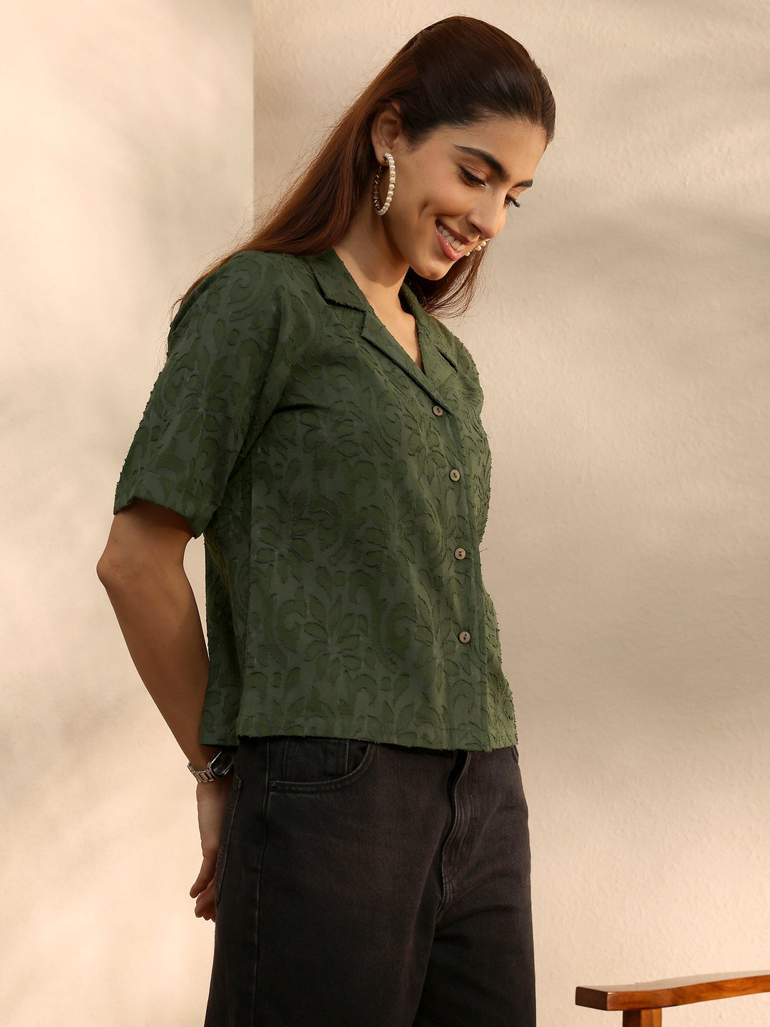  Green Self Design Cotton Straight Shirt 