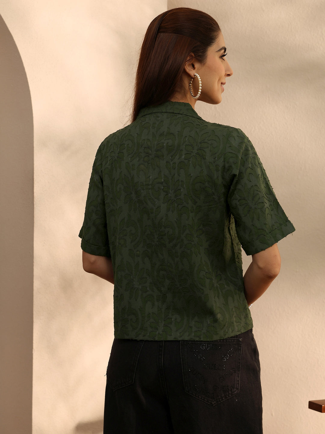  Green Self Design Cotton Straight Shirt 