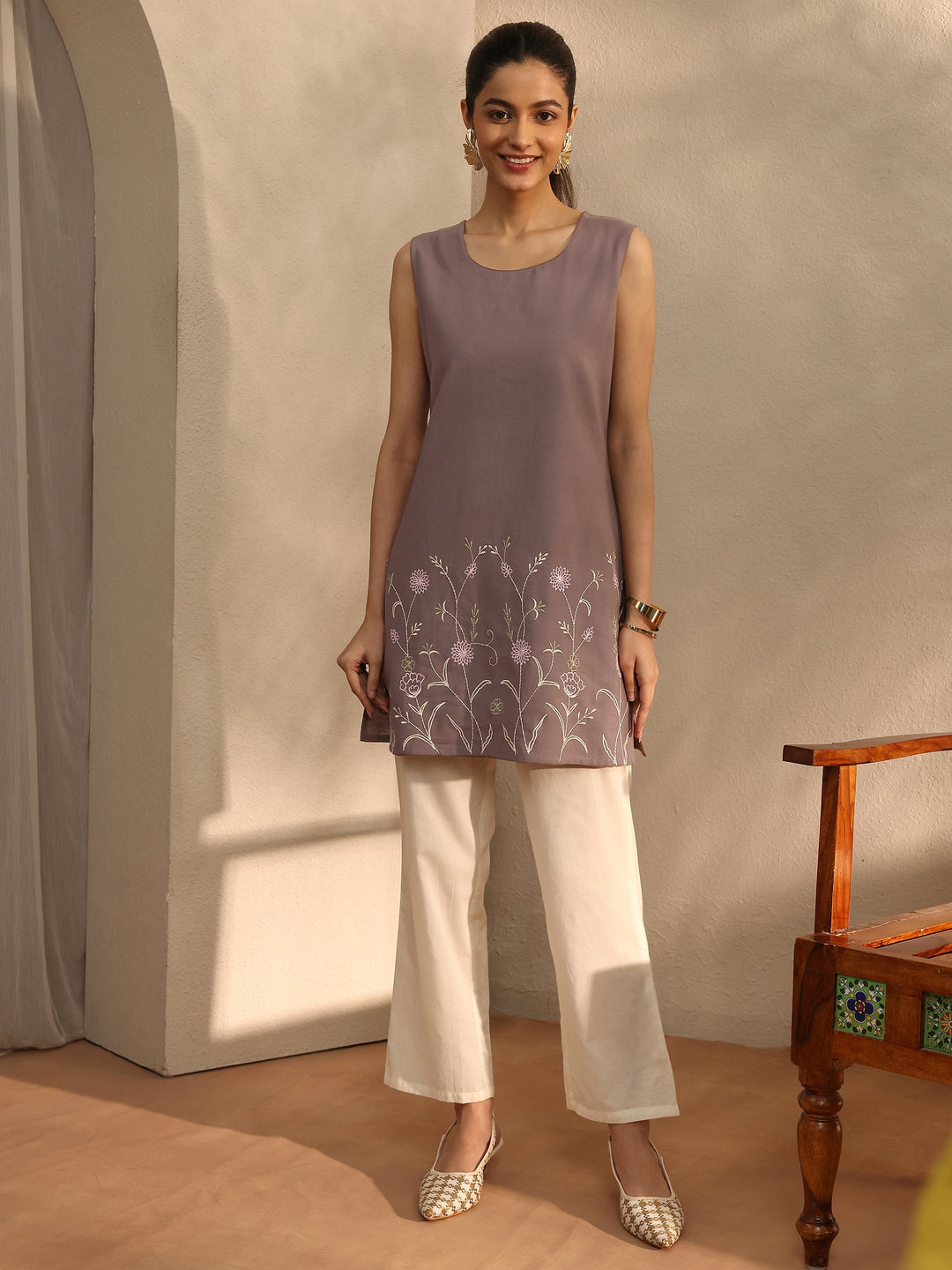  Brown Embroidered Linen Straight Short Kurti 