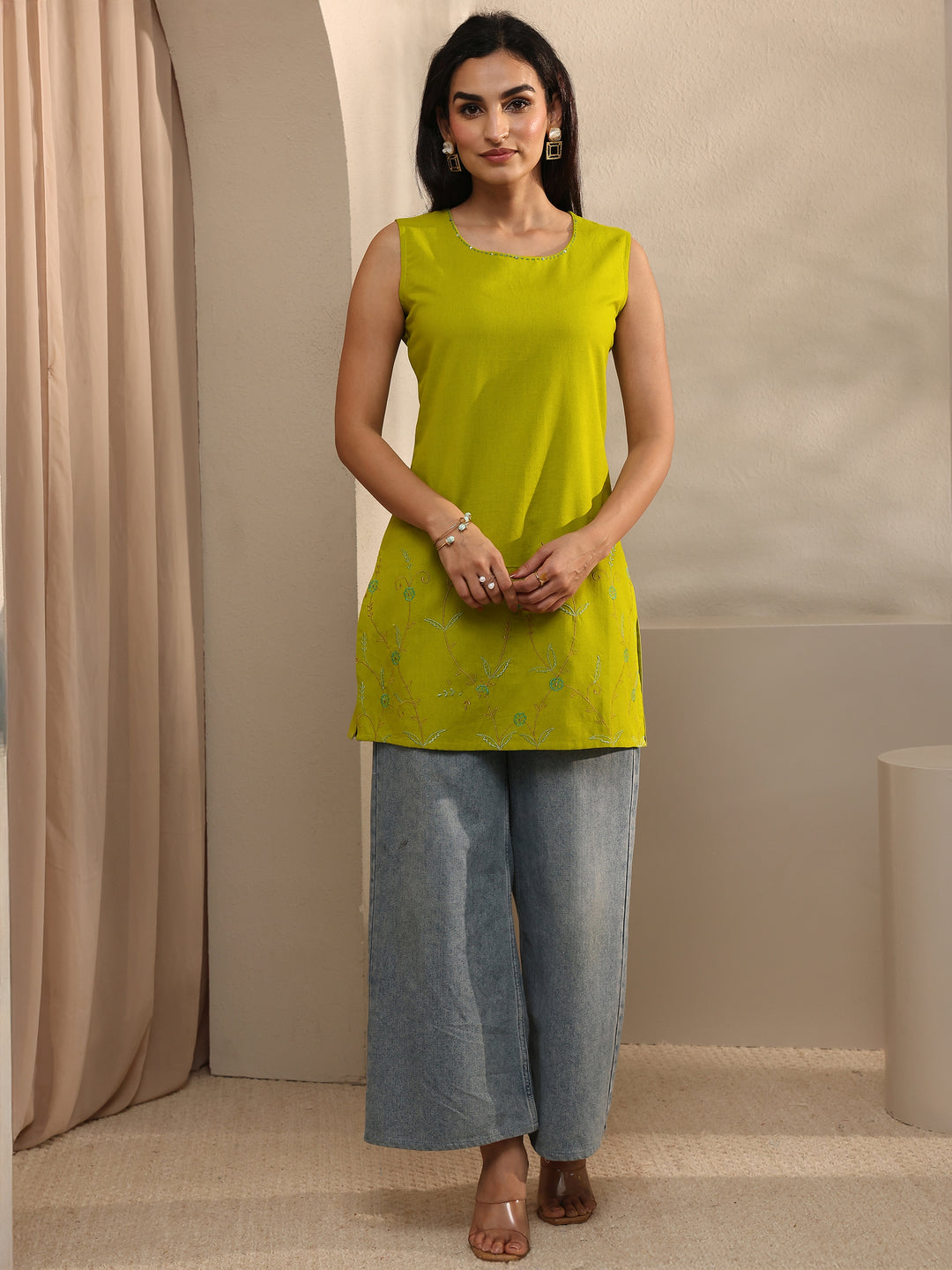  Lime Green Floral Embroidered Linen Straight Short Kurti 
