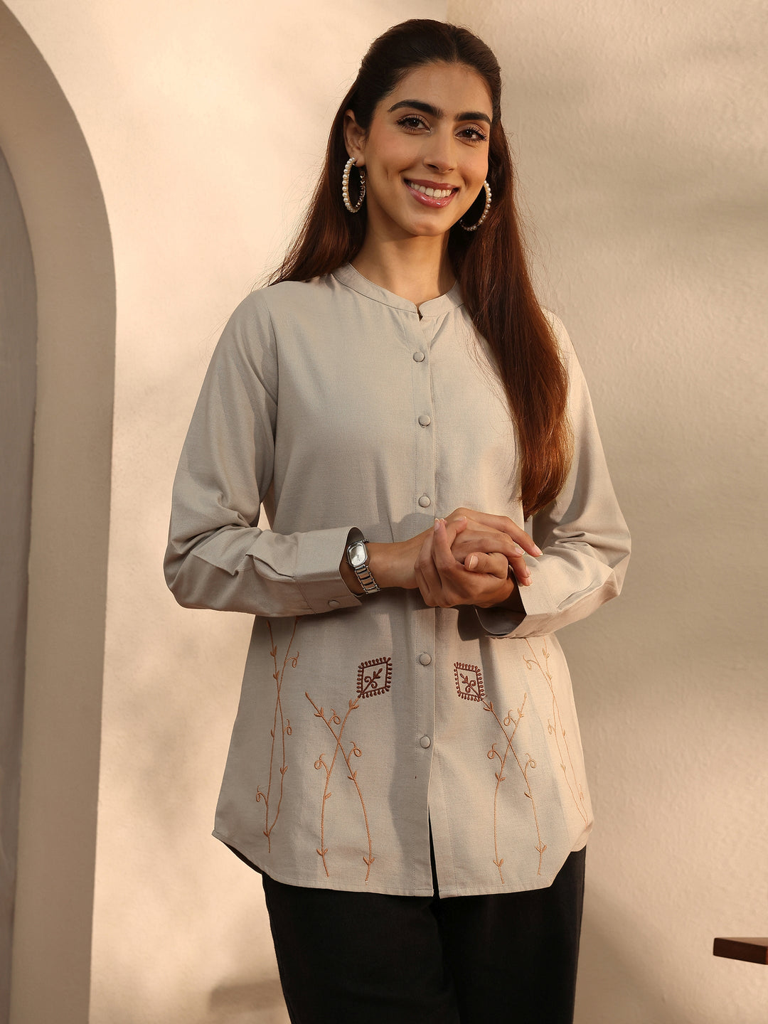  Grey Self Design Linen Shirt 