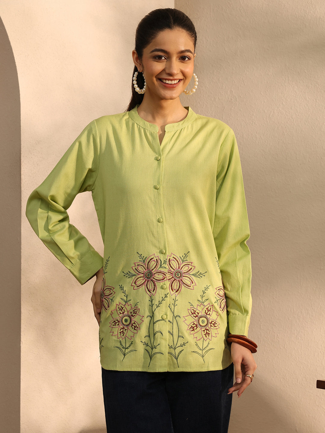  Yellow Floral Embroidered Linen Shirt 