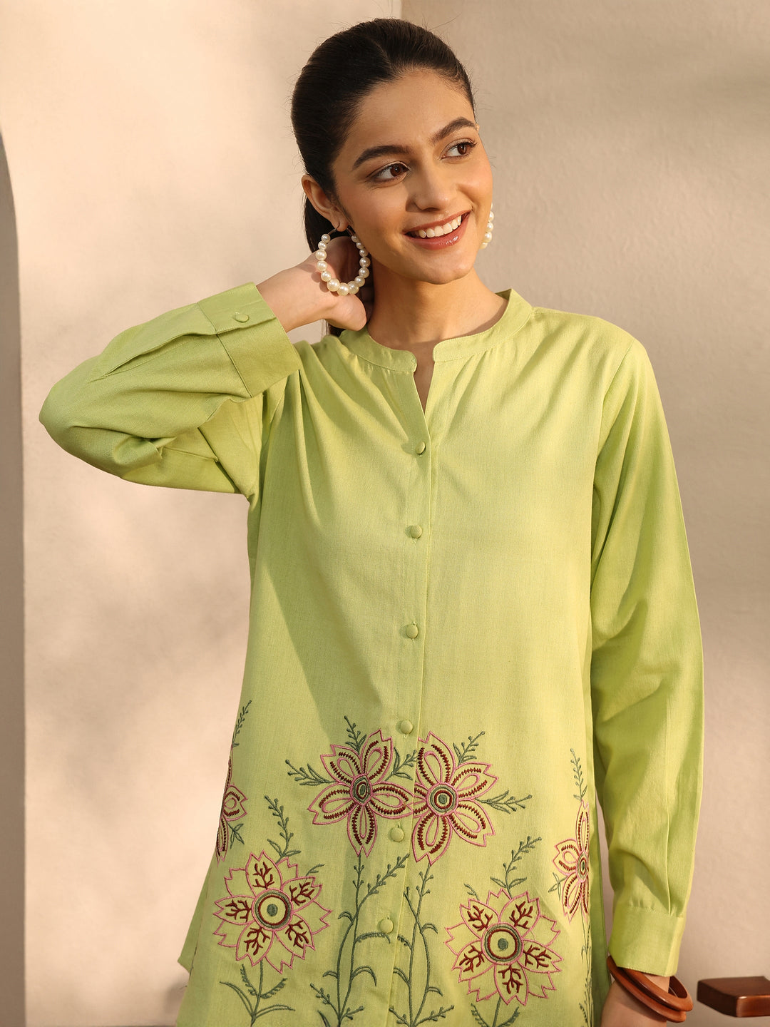  Yellow Floral Embroidered Linen Shirt 