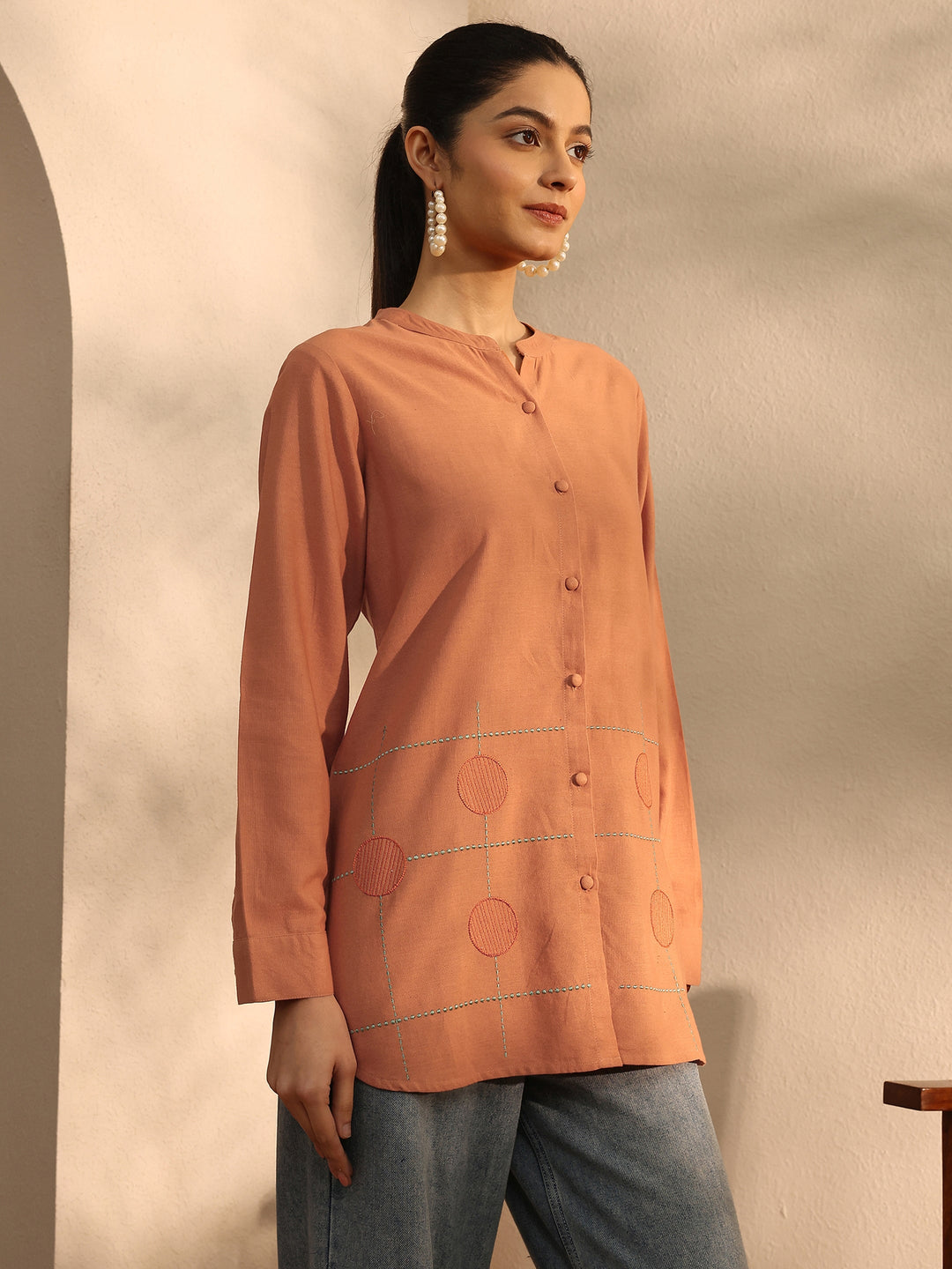  Rust Self Design Linen Shirt 