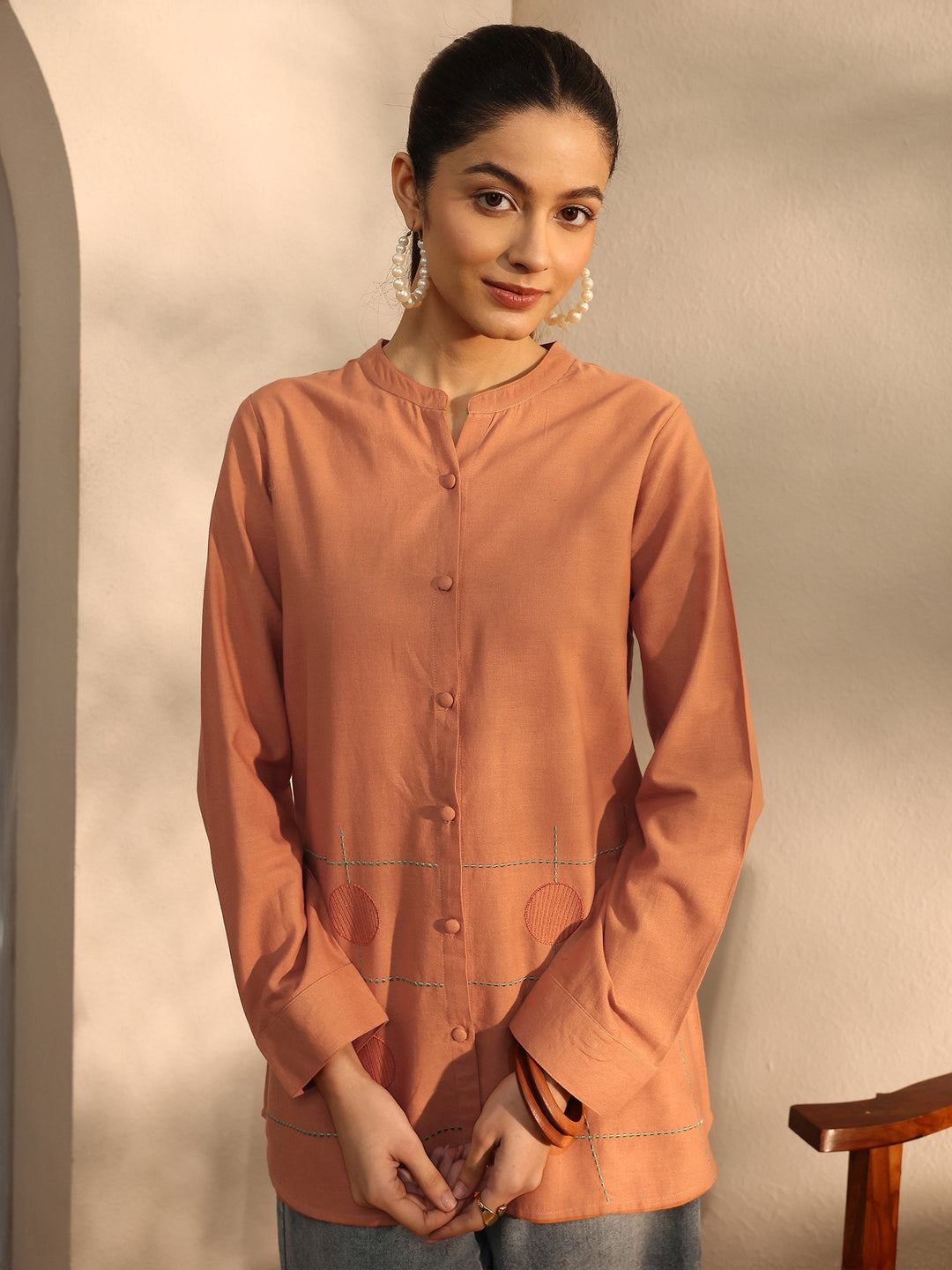  Rust Self Design Linen Shirt 