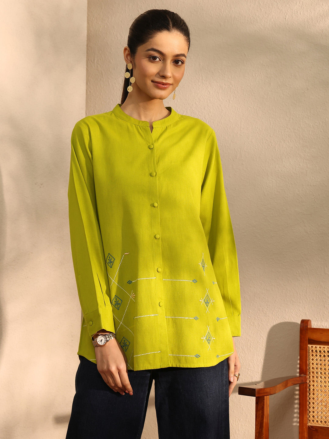  Lime Green Self Design Linen Shirt 