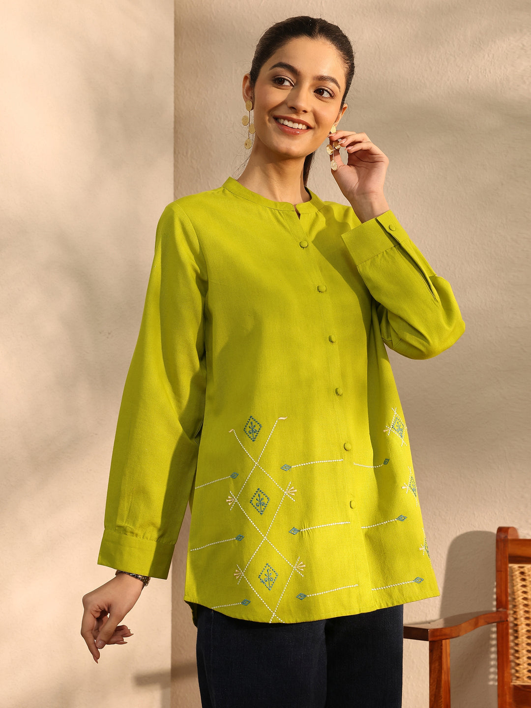  Lime Green Self Design Linen Shirt 