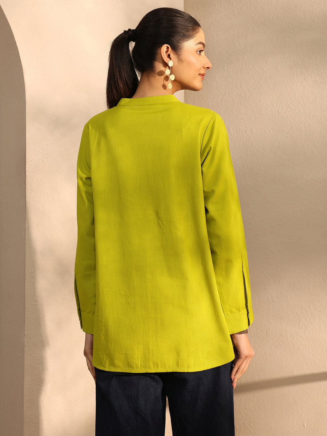  Lime Green Self Design Linen Shirt 