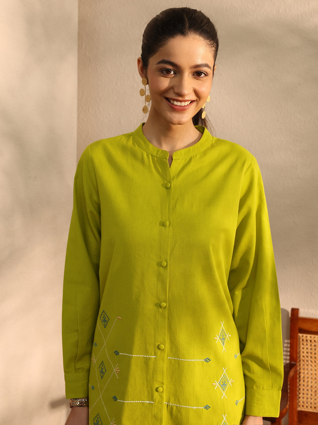  Lime Green Self Design Linen Shirt 