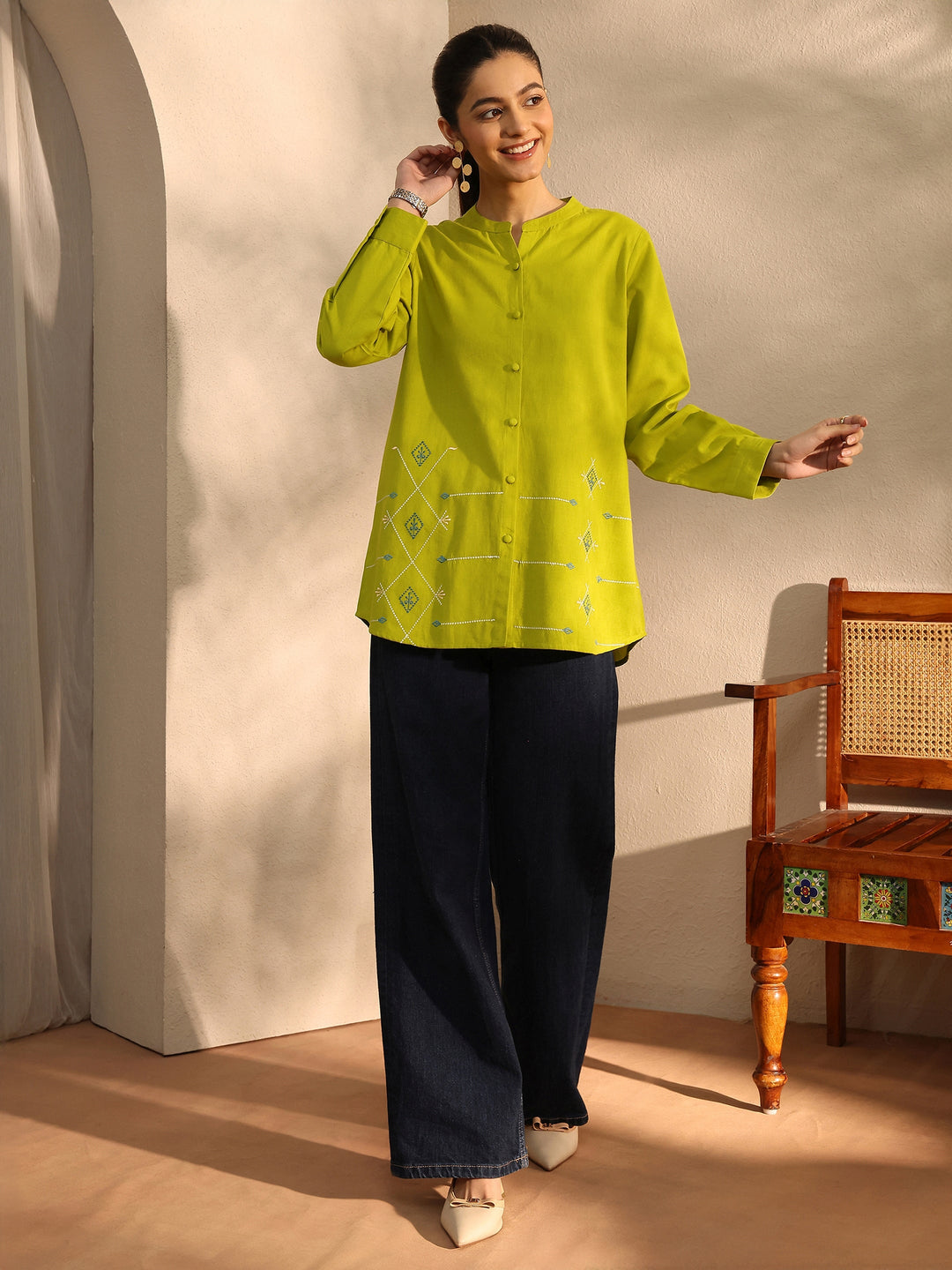  Lime Green Self Design Linen Shirt 