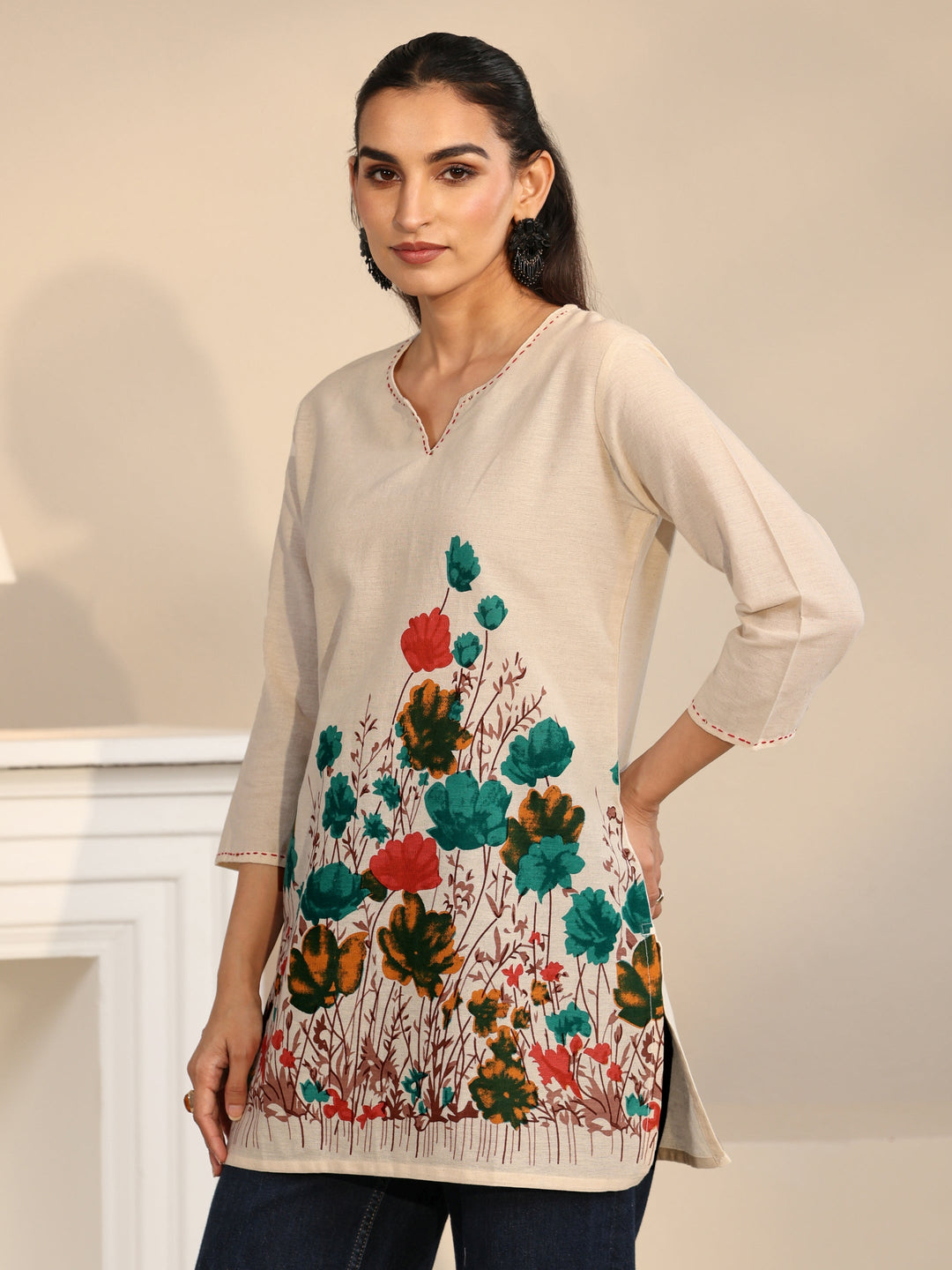  Libas Off White Floral Printed Cotton Blend Short Kurti 