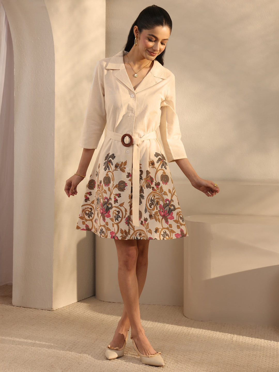  Off White Floral Printed Cotton Blend Shirt Dress With Waistbelt 