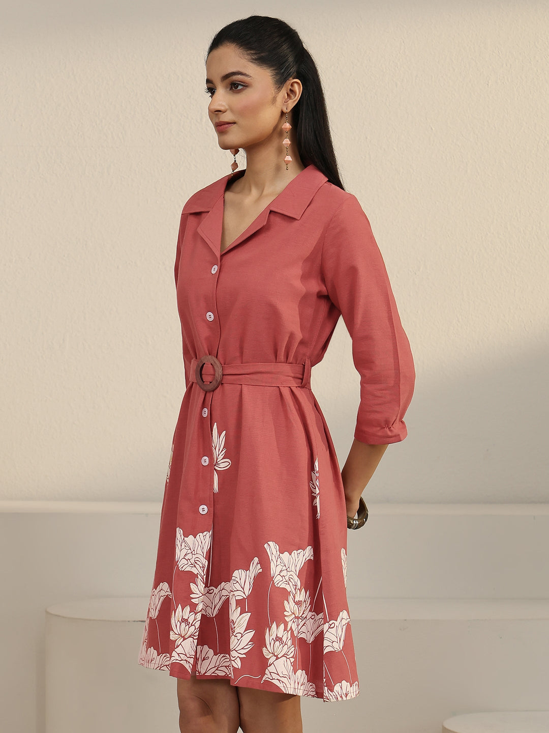  Libas Rust Brown Floral Printed Cotton Blend Shirt Dress with Waistbelt 