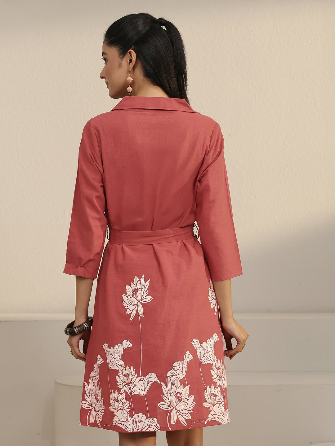  Libas Rust Brown Floral Printed Cotton Blend Shirt Dress with Waistbelt 