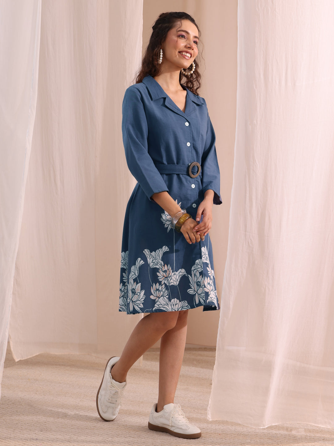  Blue Floral Printed Cotton Blend Shirt Dress 