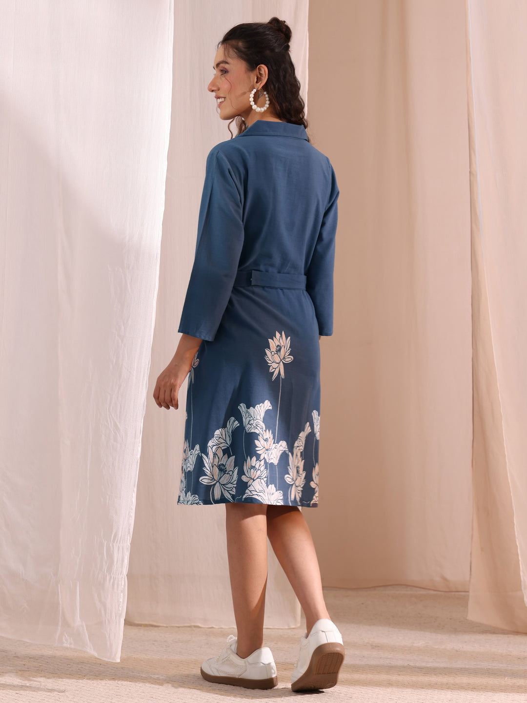  Blue Floral Printed Cotton Blend Shirt Dress 