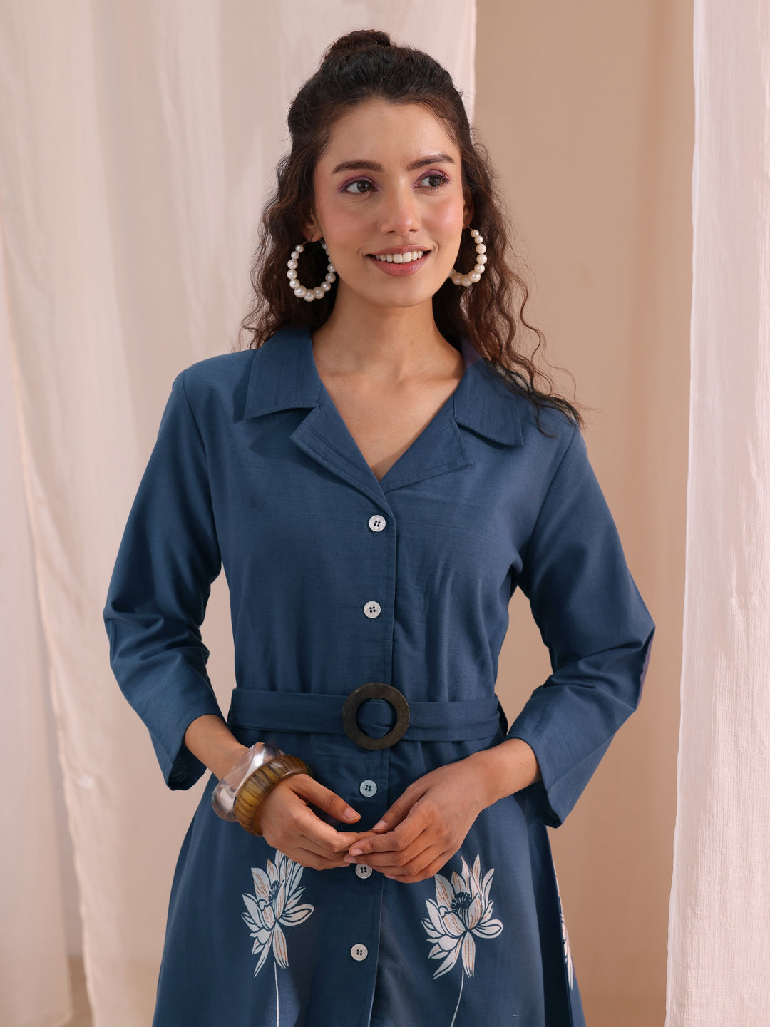  Blue Floral Printed Cotton Blend Shirt Dress 