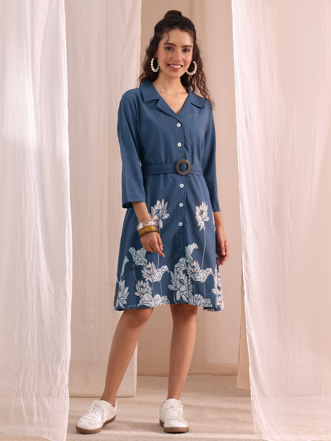  Blue Floral Printed Cotton Blend Shirt Dress 