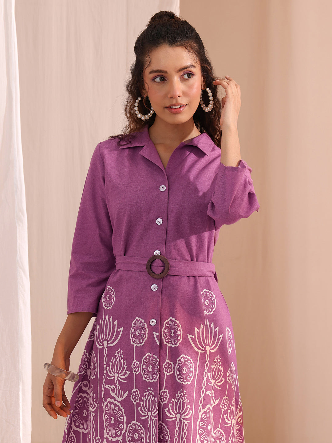  Lavender Floral Printed Cotton Blend Shirt Dress 