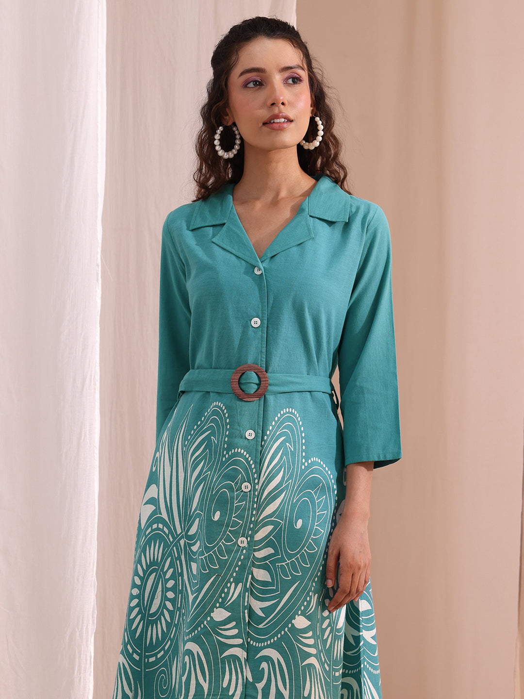  Teal Floral Printed Cotton Blend Shirt Dress 