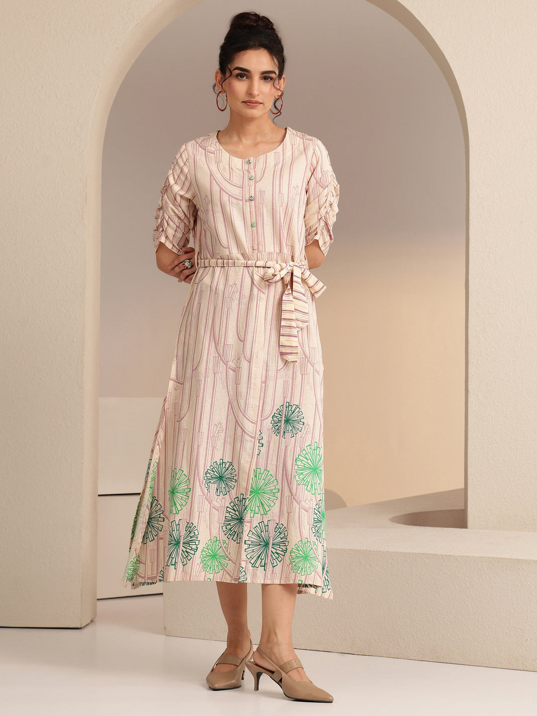  Ivory Geometric Print Cotton Midi Dress 