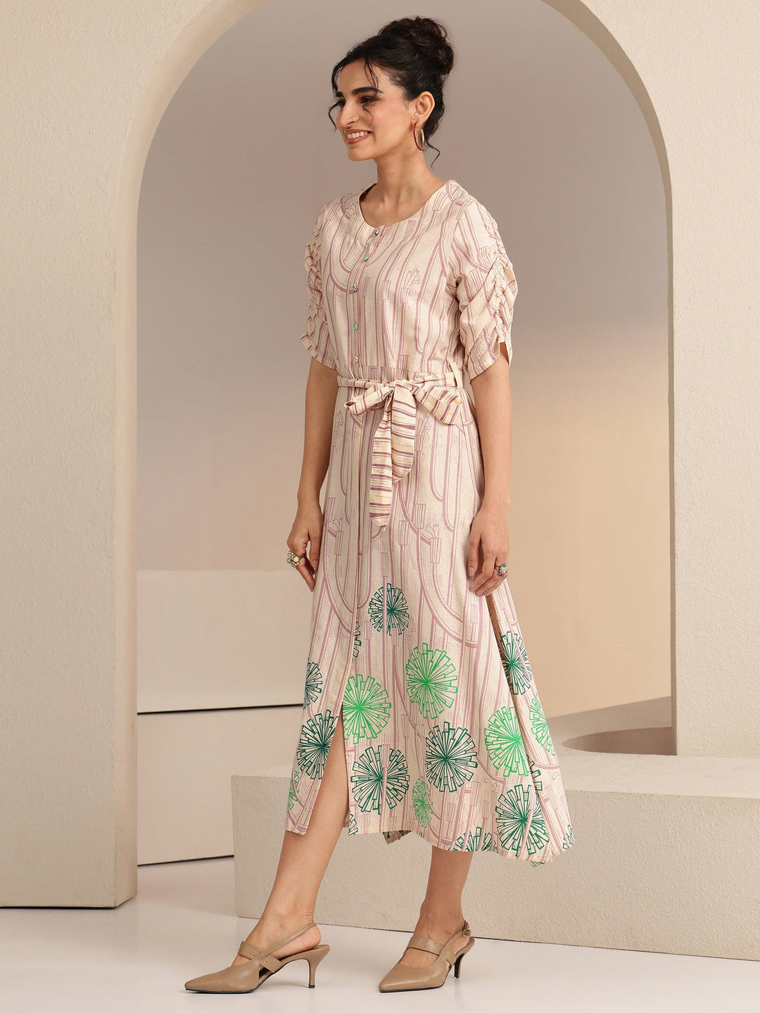  Ivory Geometric Print Cotton Midi Dress 