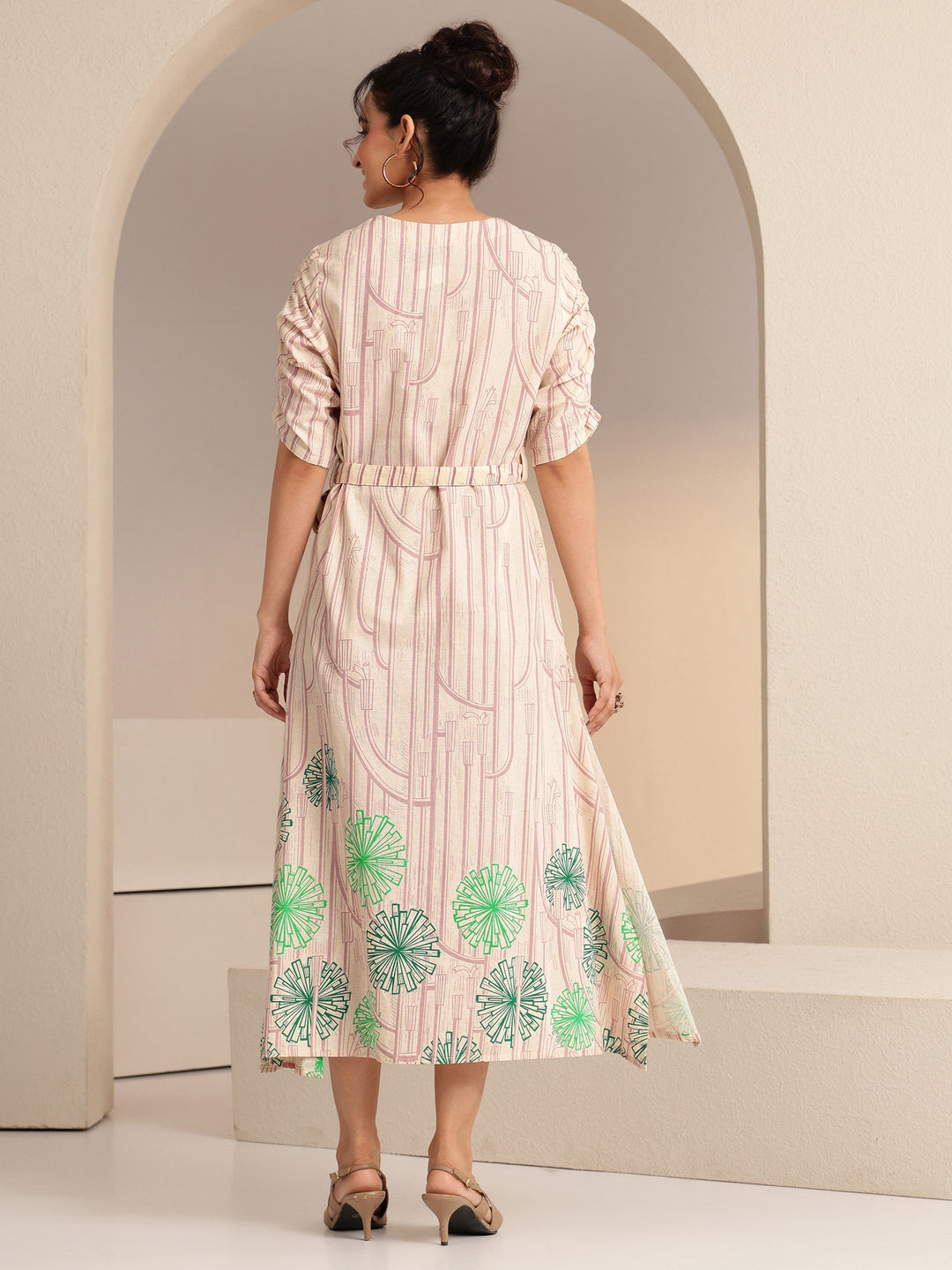 Ivory Geometric Print Cotton Midi Dress 