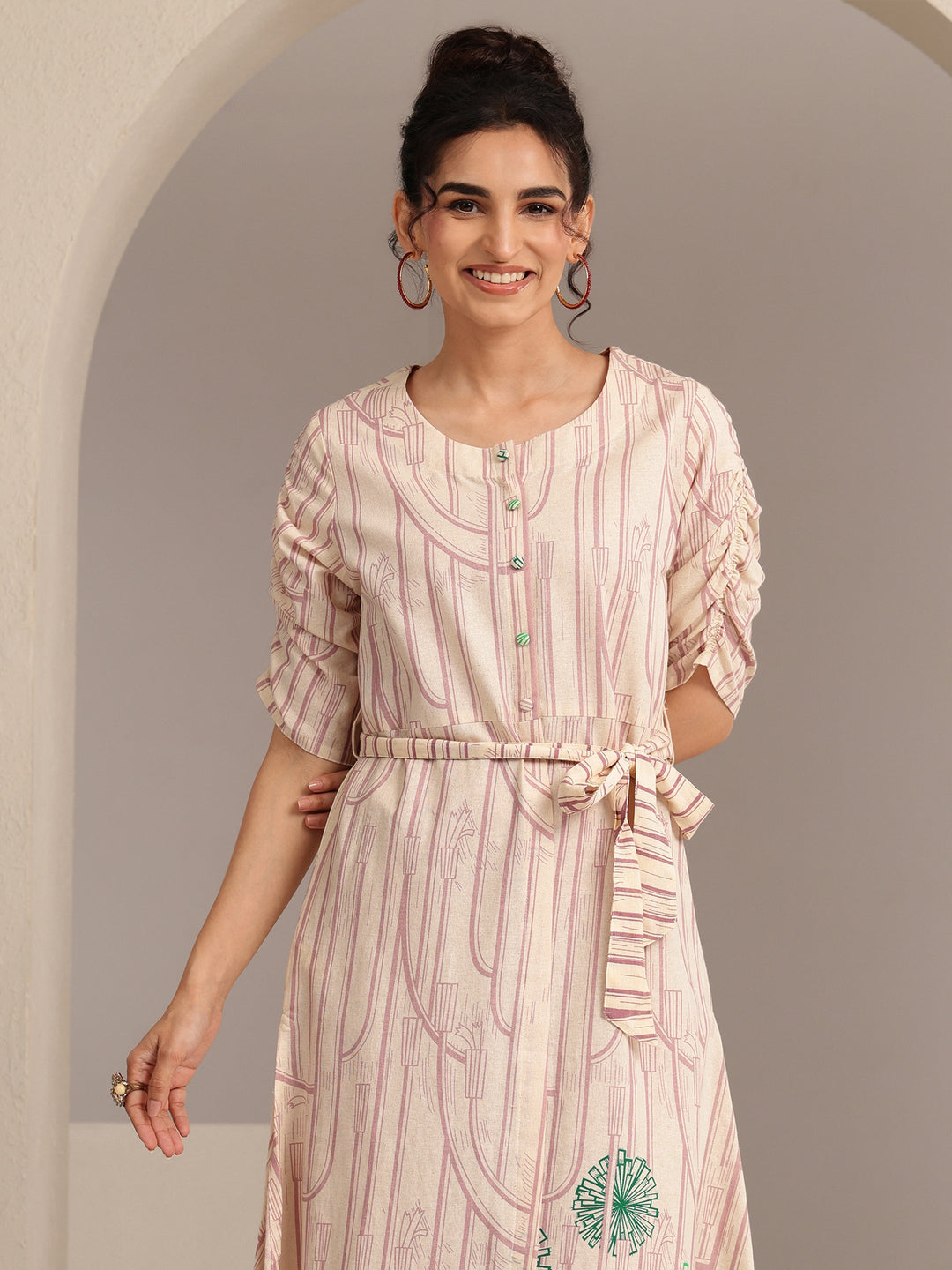  Ivory Geometric Print Cotton Midi Dress 