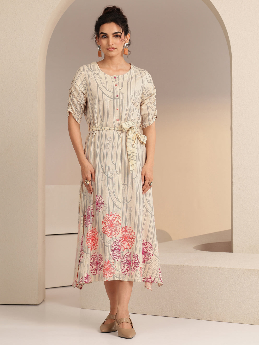  Ivory Geometric Print Cotton Midi Dress 