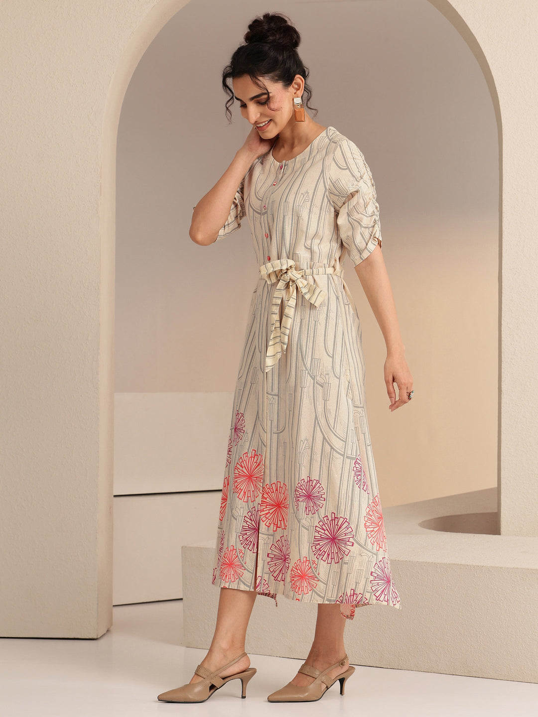  Ivory Geometric Print Cotton Midi Dress 