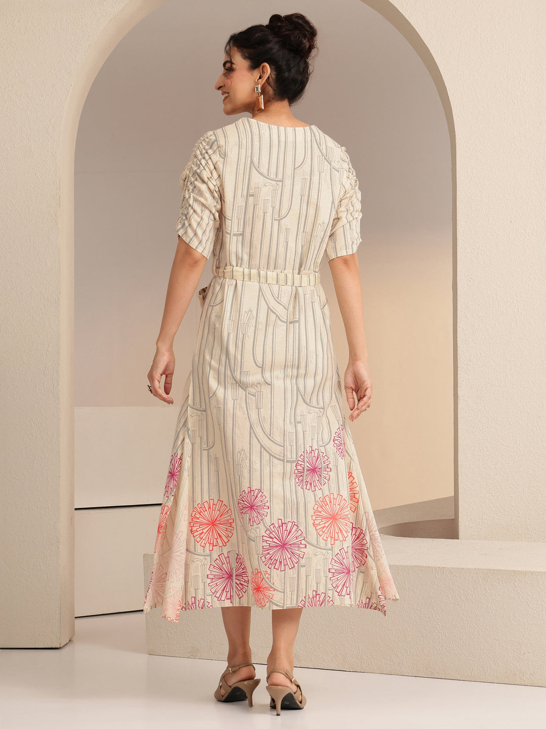  Ivory Geometric Print Cotton Midi Dress 